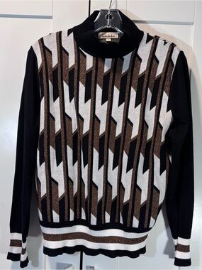 The Lynk XL Metallic Lurex Geometric Sweater Black Brown Mod Retro Mock Neck